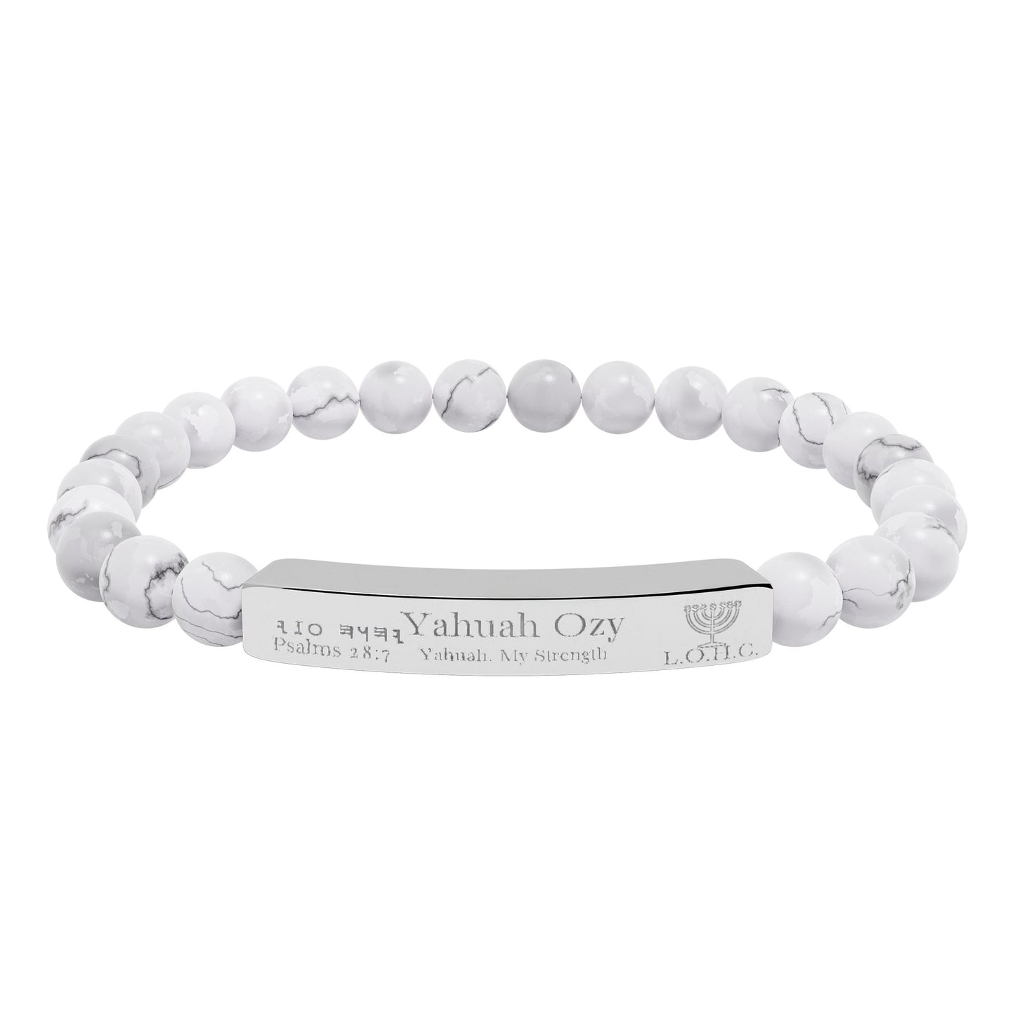 “Yahuah Ozy” (יָהוּה עֺזִּי) – “Yahuah, My Strength” — Natural Beaded Stone Stretch Bar Bracelet (Engraving)