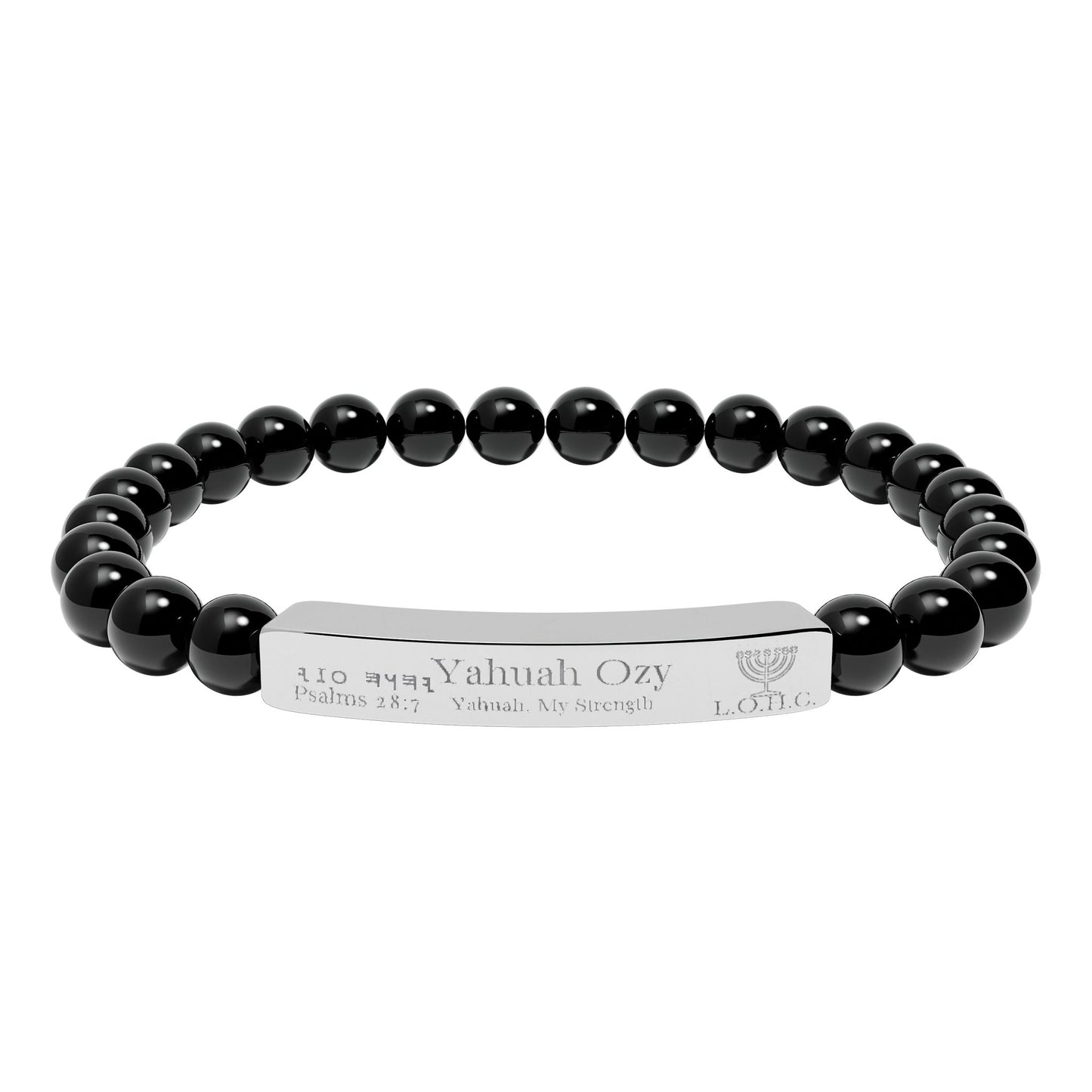“Yahuah Ozy” (יָהוּה עֺזִּי) – “Yahuah, My Strength” — Natural Beaded Stone Stretch Bar Bracelet (Engraving)